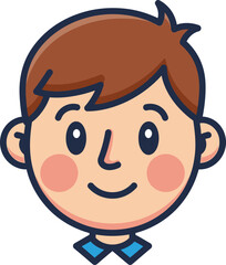 Friendly cartoon boy face with rosy cheeks and brown hair smiling happily in a simple illustration