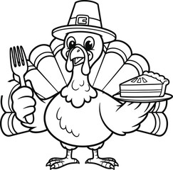 Cartoon thanksgiving turkey wearing a pilgrim hat holding a fork and a slice of pie ready to eat