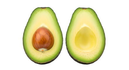 Fresh ripe avocado cut in half showing creamy green flesh and large brown seed isolated on transparent background