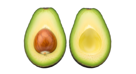 Fresh ripe avocado cut in half showing creamy green flesh and large brown seed isolated on transparent background