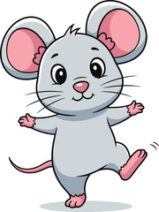 Adorable cartoon gray mouse with big pink ears and a cheerful expression dancing with joy on a white background