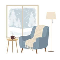 Cozy Reading Nook by Snowy Window – Minimal Flat Winter Vector Illustration