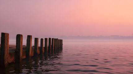 Misty pink dawn illuminates a serene lake with a weathered wooden pier creating a tranquil atmosphere