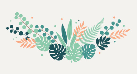 Fototapeta premium A beautiful decorative arrangement of various tropical leaves, including monstera and fern, in pastel green and pink colors.