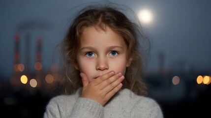 A young girl with blue eyes and curly hair covers her mouth with her hand looking forward against a hazy industrial landscape at night with distant