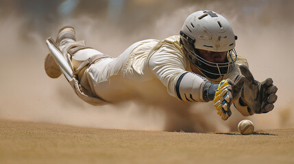 A wicket-keeper diving sideways to catch the ball, gloves stretched, pitch dust, athletic reflex moment.