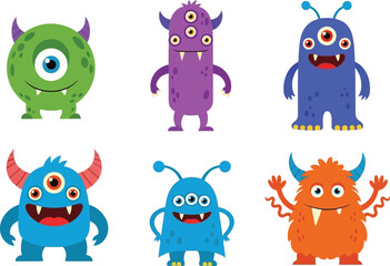 Collection of six colorful whimsical cartoon monsters with different shapes eyes and horns on a white background