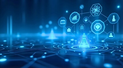 Fototapeta premium Futuristic Dark-Blue Digital Interface with Rocket and Multi-Discipline Tech Icons Background Layout