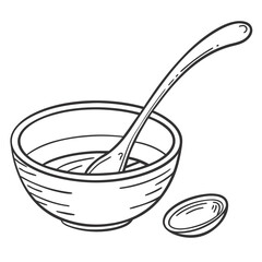 Simple line drawing of a bowl with spoon and lid