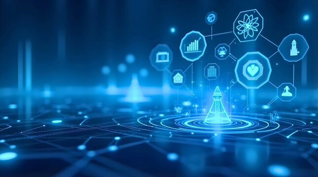 Futuristic Dark-Blue Digital Interface with Rocket and Multi-Discipline Tech Icons Background Layout