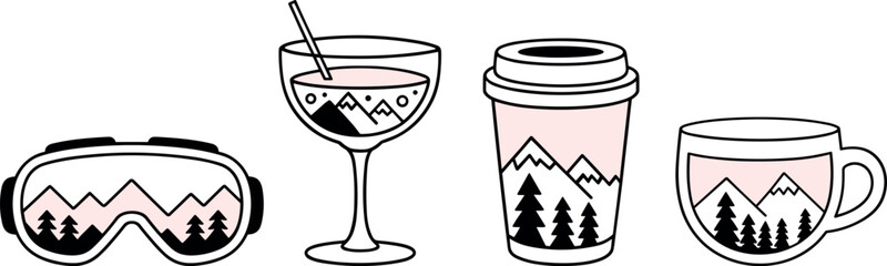 Apres ski drinks coffee shop girls cocktail party outline drawing mountain chalet cabin lodge bar aesthetic. Black and pink girly cozy retro vintage tea cup illustration clipart sticker bundle pack.