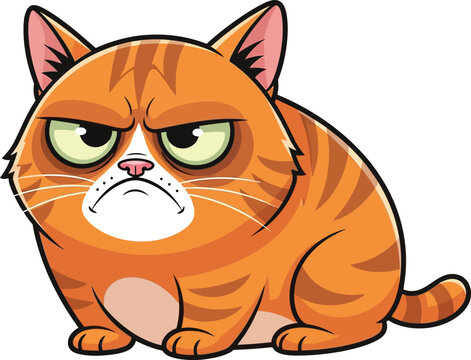 A very grumpy orange tabby cat with green eyes and a stern expression sits looking directly at the camera with a displeased demeanor