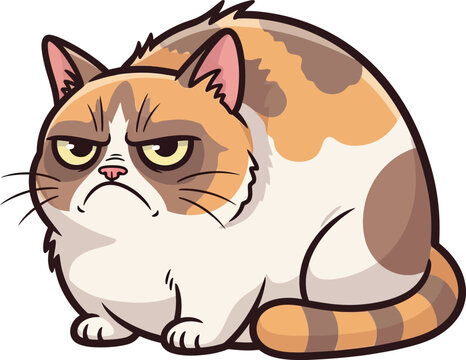 A grumpy calico cat with an unimpressed expression sits with its tail curled around its body on a white background