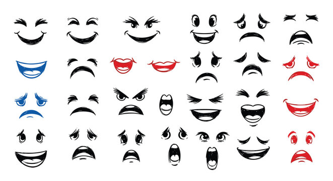 Collection of various cartoon facial expressions in a grungy, hand-drawn style, perfect for creating unique and emotional characters.