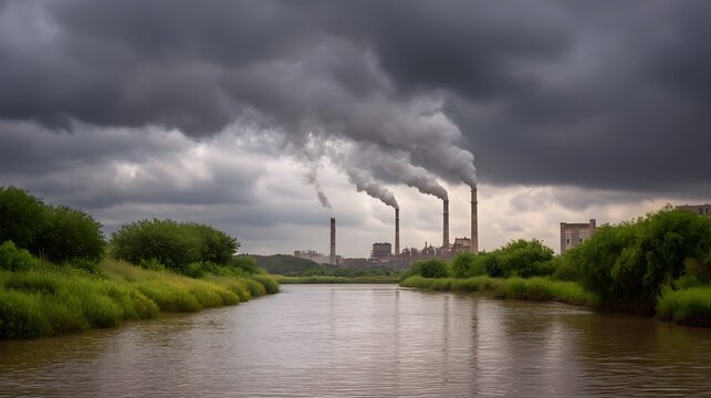 Industrial power plant emitting smoke into a polluted environment with a river and stormy sky