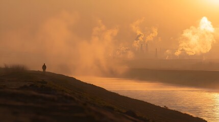 A solitary figure walks along a misty riverbank with industrial smoke plumes rising in the hazy golden hour light