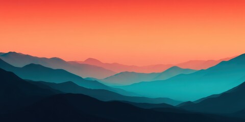 Obraz premium Film grain for color grading, A serene landscape featuring layered mountains under a vibrant gradient sky transitioning from orange to blue.