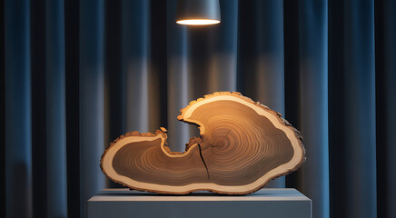 Dramatic Studio Shot of a Tree Slice with Growth Rings on a Pedestal Under a Spotlight Against a Blue Curtain Backdrop, Displaying Natural