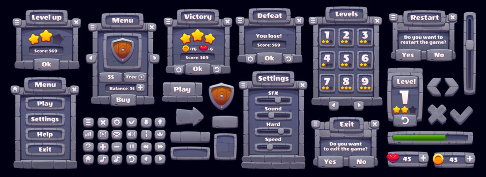 Stone game interface rock stony GUI asset. Vector rock framed interface menu, stone buttons, shield icons, sliders and progress bar. Game level selector and score panel, rewards, victory defeat screen