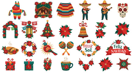Illustration of various mexican christmas themed elements and decorations