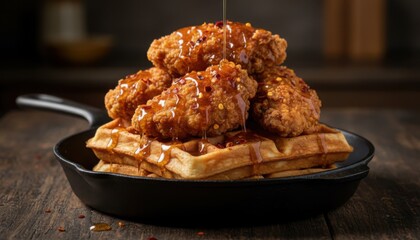 Crispy chicken on waffle evokes comfort food tradition and sweet spicy brunch trend. Visual nods to weekend gathering vibe in rustic warm kitchen mood