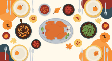 A top-down view of a festive Thanksgiving dinner table set with a roasted turkey, various side dishes, and autumn decorations.