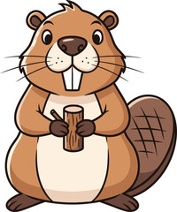 Adorable cartoon beaver with big front teeth holding a small log isolated on a white background perfect for children s illustrations