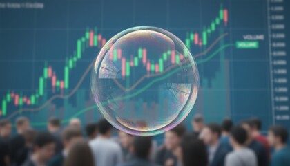 A bubble floats above a crowd facing rising charts denoting collective optimism fragility. It captures public anticipation during unpredictable financial surges