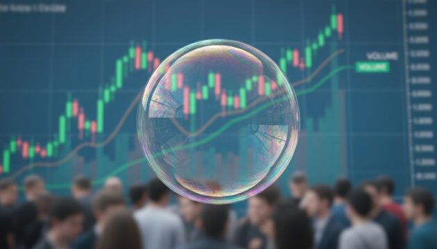 A bubble floats above a crowd facing rising charts denoting collective optimism fragility. It captures public anticipation during unpredictable financial surges