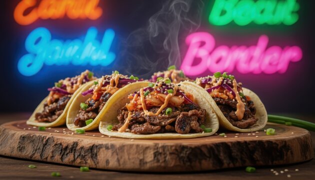 A vibrant row of tacos under neon signs captures nightlife dining culture and fusion flavors. Colorful background suggests energy creativity and modern food trends