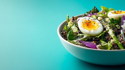 Nourishing buddha bowl offering fresh black rice, vegetables, and a hard-boiled egg