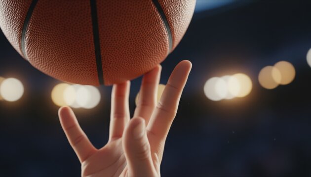 Fingertips guide basketball into motion under bright arena lights, capturing precision and anticipation. Image fits concepts of skill development, sport training and dynamic movement culture - Powered by Adobe