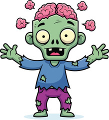 Cute cartoon zombie character with exposed brain and wide eyes looking surprised and confused with arms outstretched
