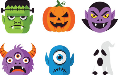Collection of six cute and colorful cartoon halloween characters including frankenstein a pumpkin a vampire and three different monsters and a ghost