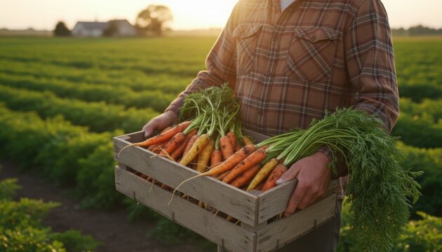 A farmer holds a crate of freshly harvested carrots at sunset in a rural field This moment captures the rise of local farming and sustainable agriculture - Powered by Adobe