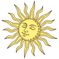 Illustration of a sun with a face and decorative elements