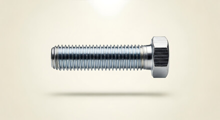 A close up shot of a shiny metal bolt with threads on a plain background in a studio setting