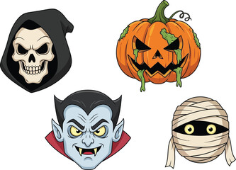 Four classic halloween characters including a grim reaper skull a spooky vampire a carved pumpkin and a mummy against a white background