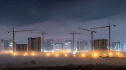 Towering cranes and unfinished concrete buildings emerge from dense fog on a clear starry night in an urban development zone