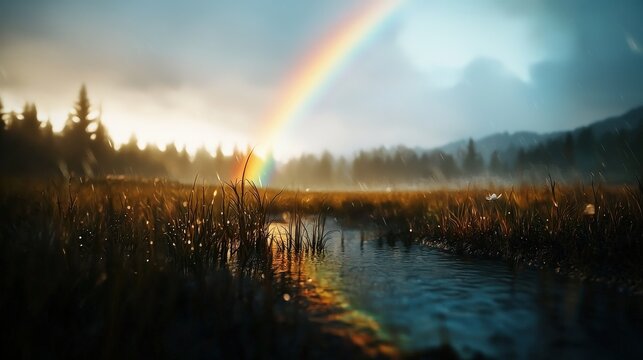 A rainbow arching over a quiet meadow after a summer rain, styled for charm and vibrancy