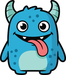 A cute friendly blue cartoon monster with horns big eyes and a long tongue sticking out isolated on a white background