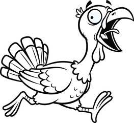 Funny cartoon turkey running with open mouth and wide eyes in a comical panicked expression on white background