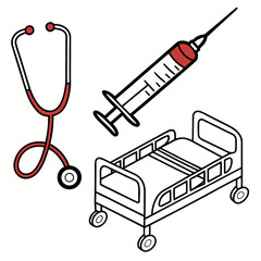 Illustration of medical equipment including bed syringe and scope
