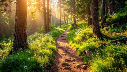 Forest trail bathed in morning sunlight.