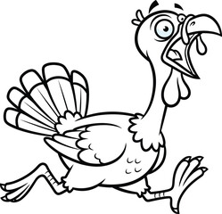 Funny cartoon turkey running with wide eyes and open beak in a comical panicked expression black and white illustration
