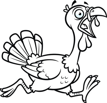 Funny cartoon turkey running with wide eyes and open beak in a comical panicked expression black and white illustration