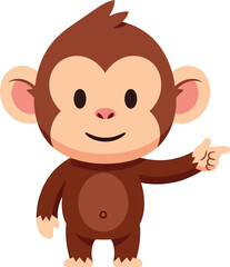 Adorable cartoon monkey character pointing to the side with a friendly expression isolated on a white background