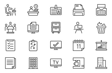 Workplace web icons in line style. Employ, conference, project, document, business, work, support, contact us, productivity strategy, collection.