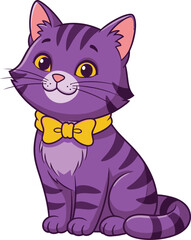 Adorable cartoon purple tabby cat with yellow bow tie sitting and looking forward with a friendly expression