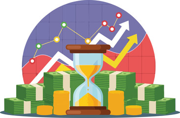 Time and money investment concept with hourglass and cash stacks.